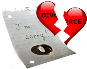 Divorce note, ring, broken heart