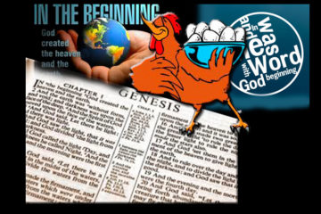 book of John; chicken, eggs, hand with world beginning