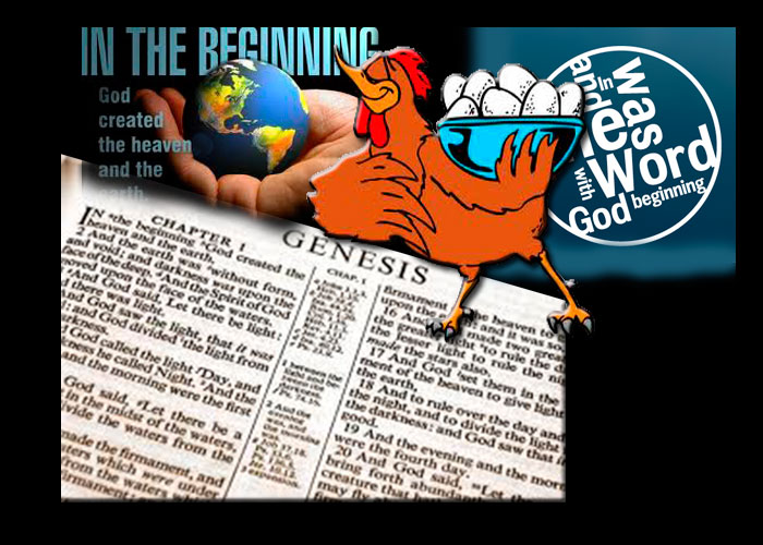 book of John; chicken, eggs, hand with world beginning