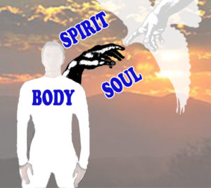 Body, Spirit, soul with silhoutte of man and dove with hand reaching from earth to meet one from heaven