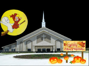 Picture of a church with sign for Fall Festival; casper the ghost in sky