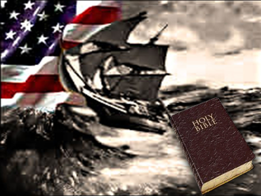 US Flag and Mayflower ship in stormy waters and Bible