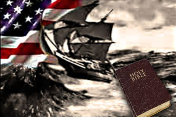 US Flag and Mayflower ship in stormy waters and Bible