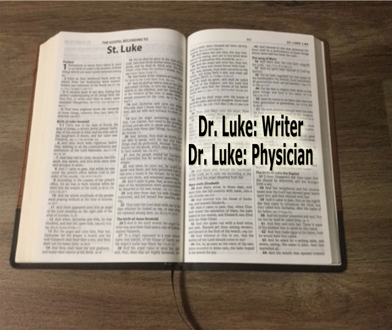 Bible opened to luke with writing: Dr Luke: writer; Dr. Luke: Physician