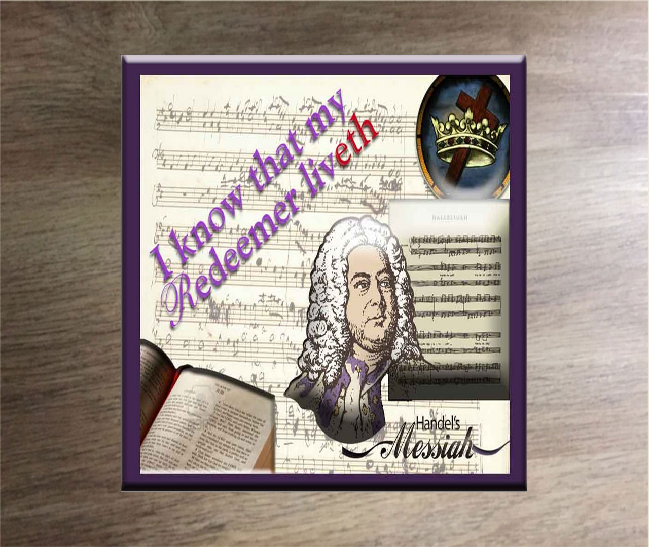 Handel's Messiah image of him with music behind and Bible