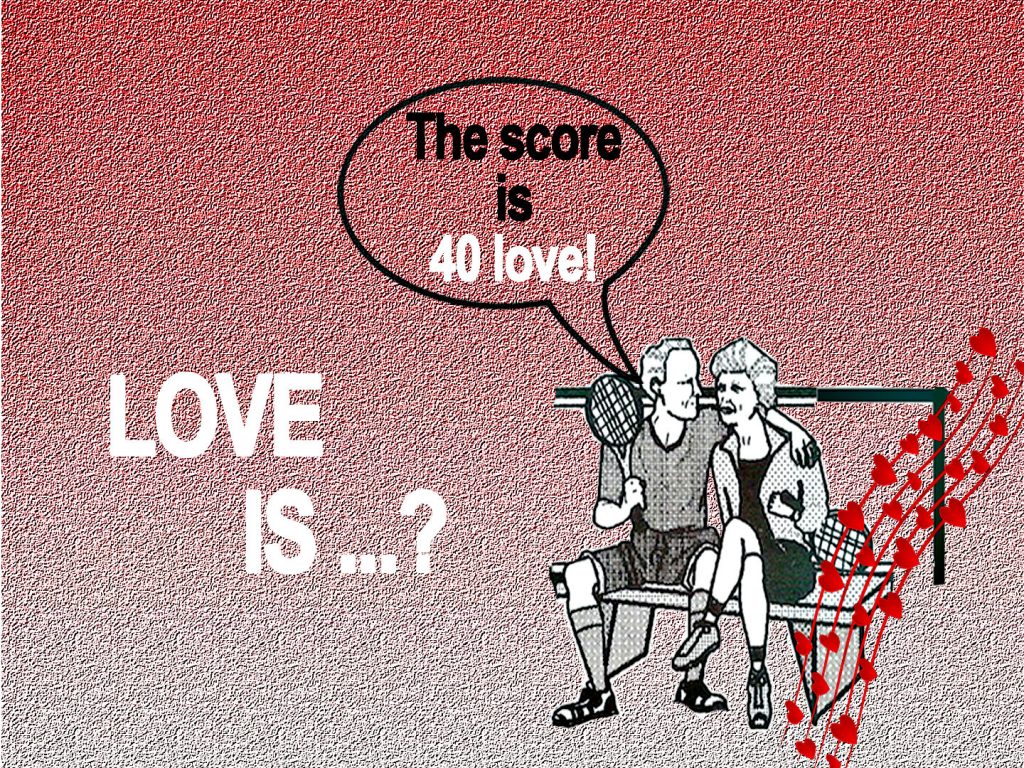 Love is ...? title man woman tennis players: The score is 40 love!