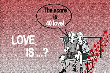 Love is ...? title man woman tennis players: The score is 40 love!