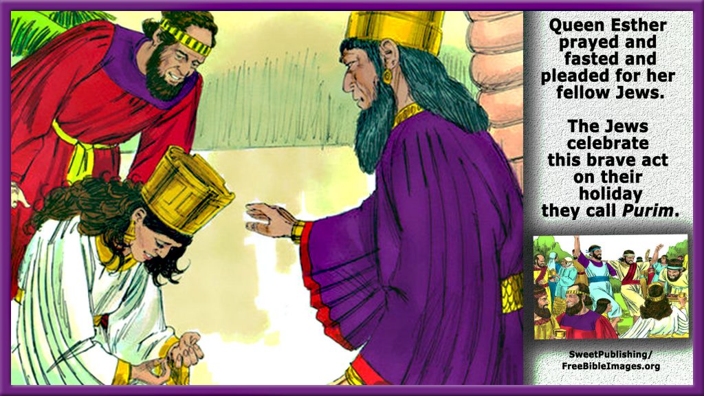 Queen Esther being approved by King Ahasuerus; Jews celebrating Purim