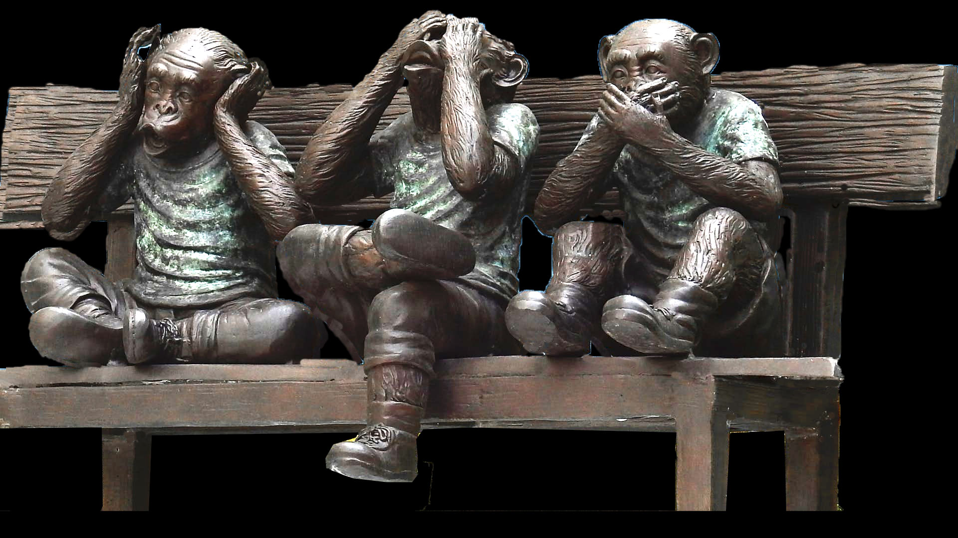 3 monkeys on a bench: ear, see, speak no evil