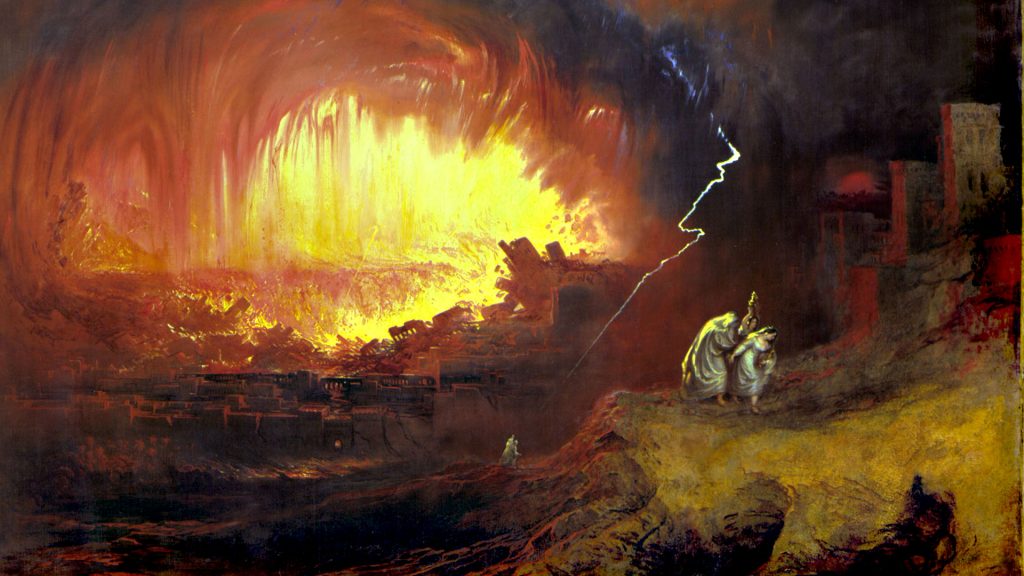 Lot and Daughters escaping Sodom fire and brimstone