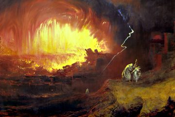 Lot and Daughters escaping Sodom fire and brimstone