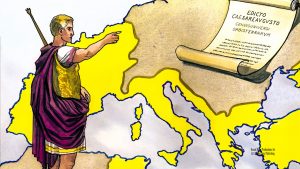 Caesar with map of part of world and decree