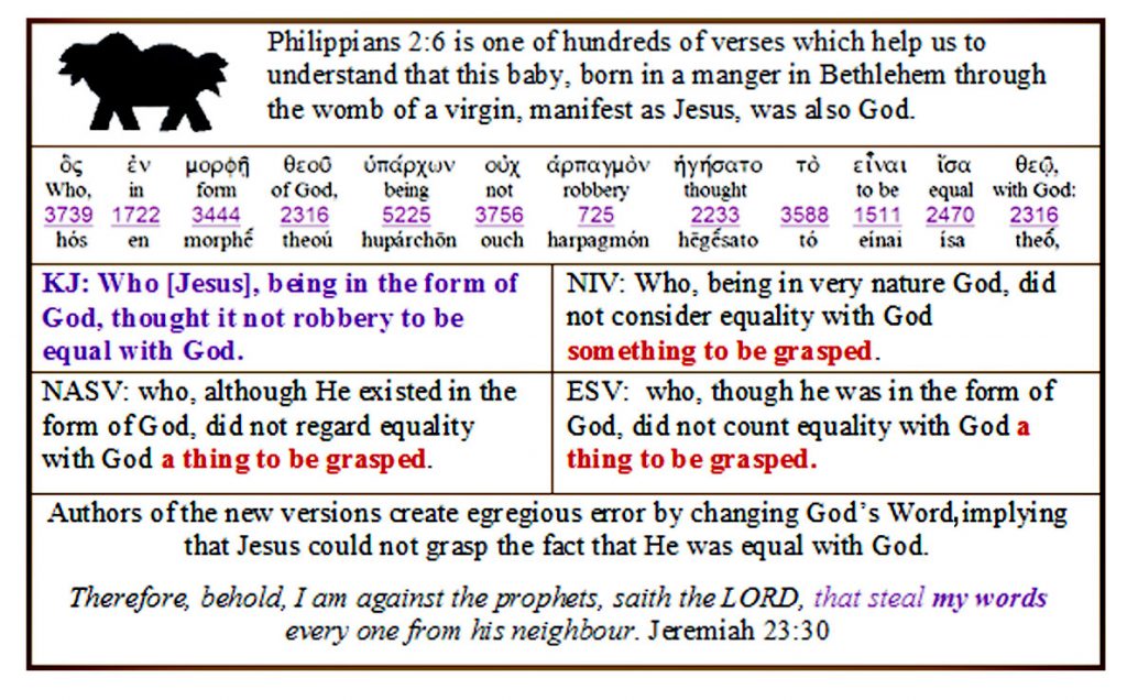 Table: Philippians 2:6 comparing KJ, NIV, NASV, and ESV. KJ only correct translation