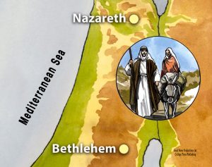 map showing journey from Mazareth to Bethlehem with Joseph and Mary in route