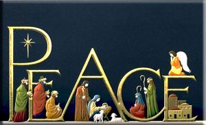 The word peace with the manger scene including the three kings
