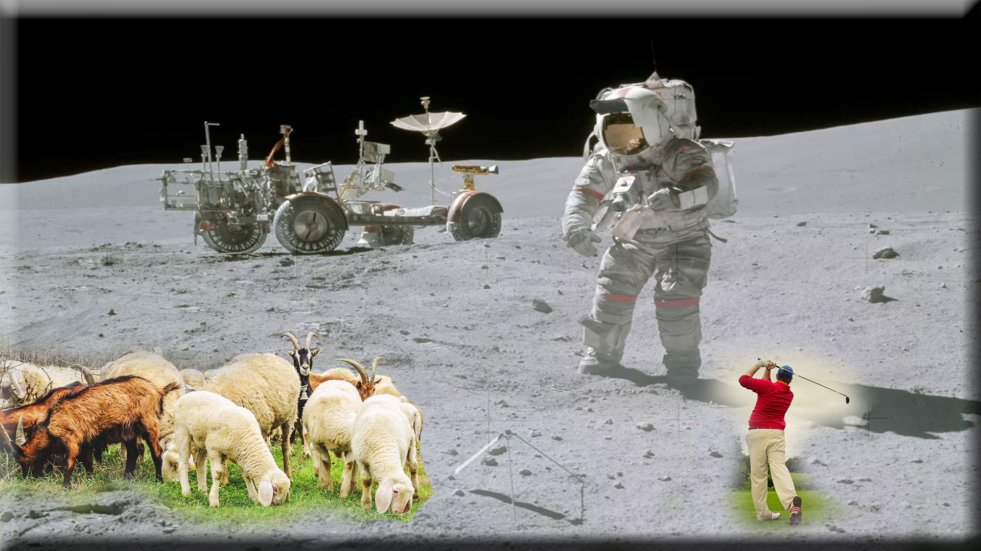 image of man on moon with man playing golf and sheep and goats grazing
