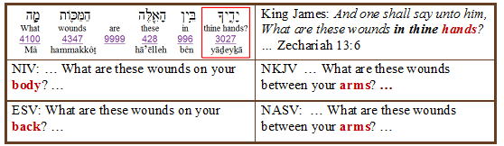 Compaarative table Zechariah 13:6 KJ vs. corrupted new versions
