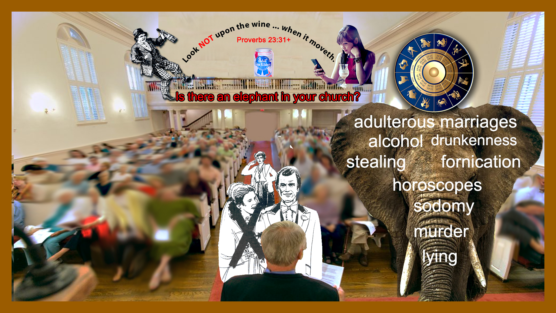 Church congregation with adulterous marriage coming before pastor; people drinking alcohol in balcony, an elphant up front with sins written on him and horoscope disk above the elephant's head