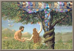 Adam and Eve beside tree with Satan in tree.