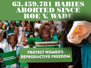 63,459,781 babies aborted since roe v. wade : image of protestors for abortion and image of child in womb