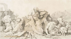 image of Jeremiah surrounded by destruction of Jerusalem and his contemporaries