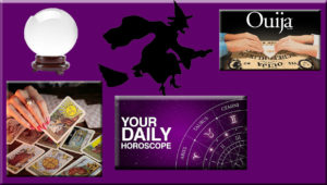 Image with magic ball; witch riding a broom; two people play Ouija Board; Tarot Cards; Daily Horoscope image
