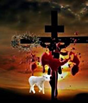 image of Jesus on cross shedding blood and lamb besside the cross