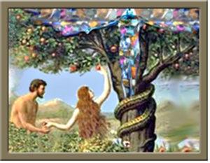 Adam and Eve taking fruit from serpent