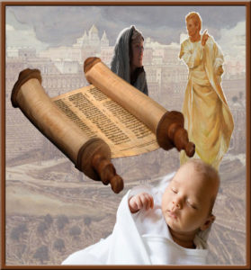 image: background Bethlehem; Gabriel talking to Mary; Scroll; baby wrapped in swaddling clothes