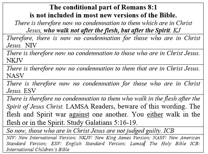 Table showing how new version authors omit the last part of Romans 8:1