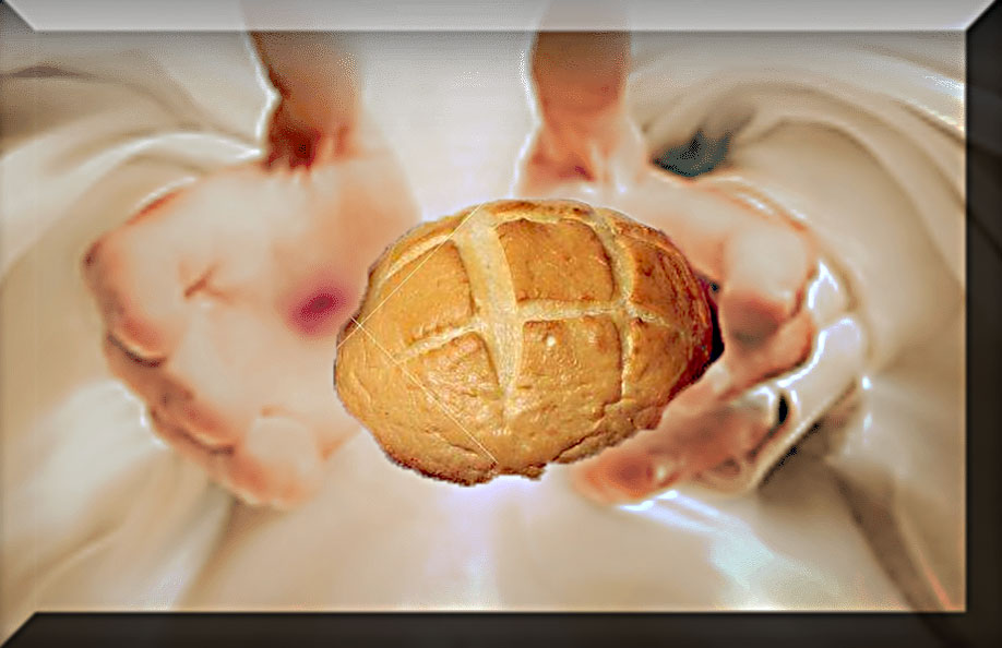 Image of Jesus serving bread with nail holes showing in psalm of hand