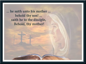 Text from John 19:26-27 with crosses in background and image of face of woman in foreground