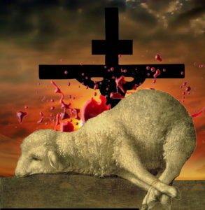 Jesus on cross; lamb ready for slaughter in front